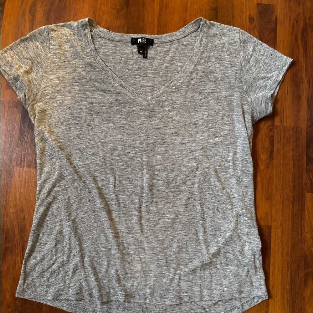 Paige Women's Burnout Gray V-Neck Linen Blend Tshirt Top Sz M